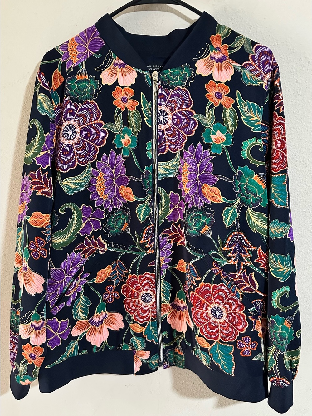 Susan Graver Navy Bomber Jacket with Multicolor Floral Print